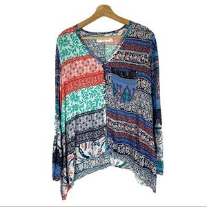 NWT Artisan de Luxe Mixed Print Asymmetric Top V Neck Multicolor Sz S